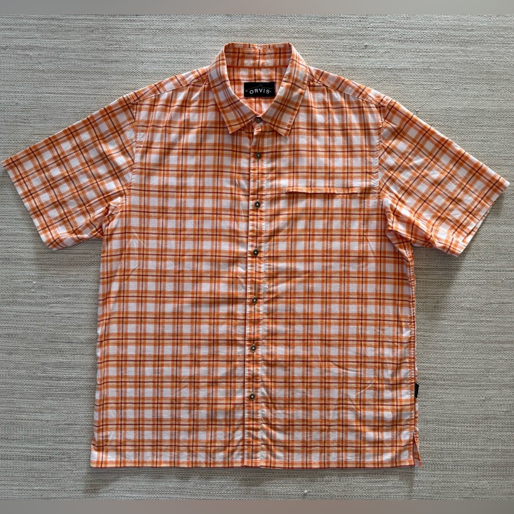 Orvis orange white plaid‎ short sleeve button down shirt men’s L